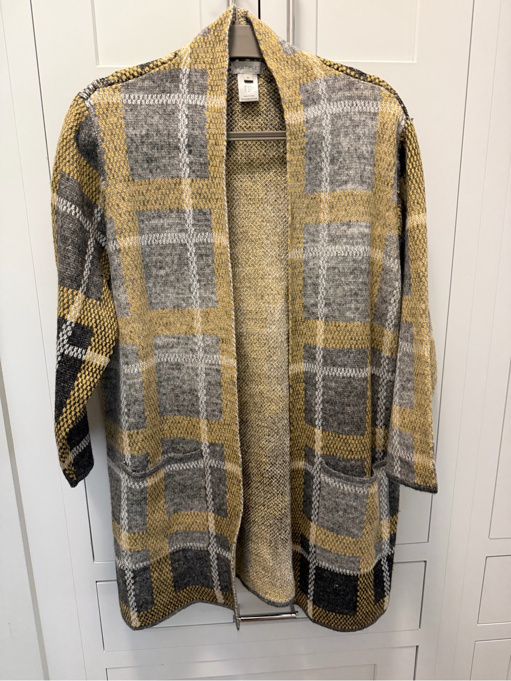 Multiples Open Front Plaid Cardigan in Mustard and Gray